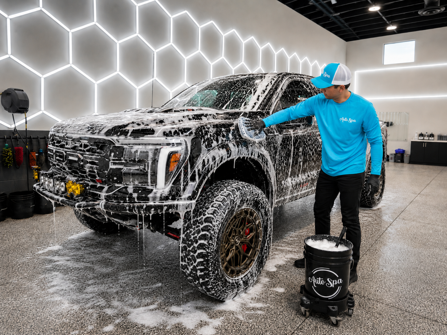 Auto Spa technician detailing a truck in the Hurricane Utah shop