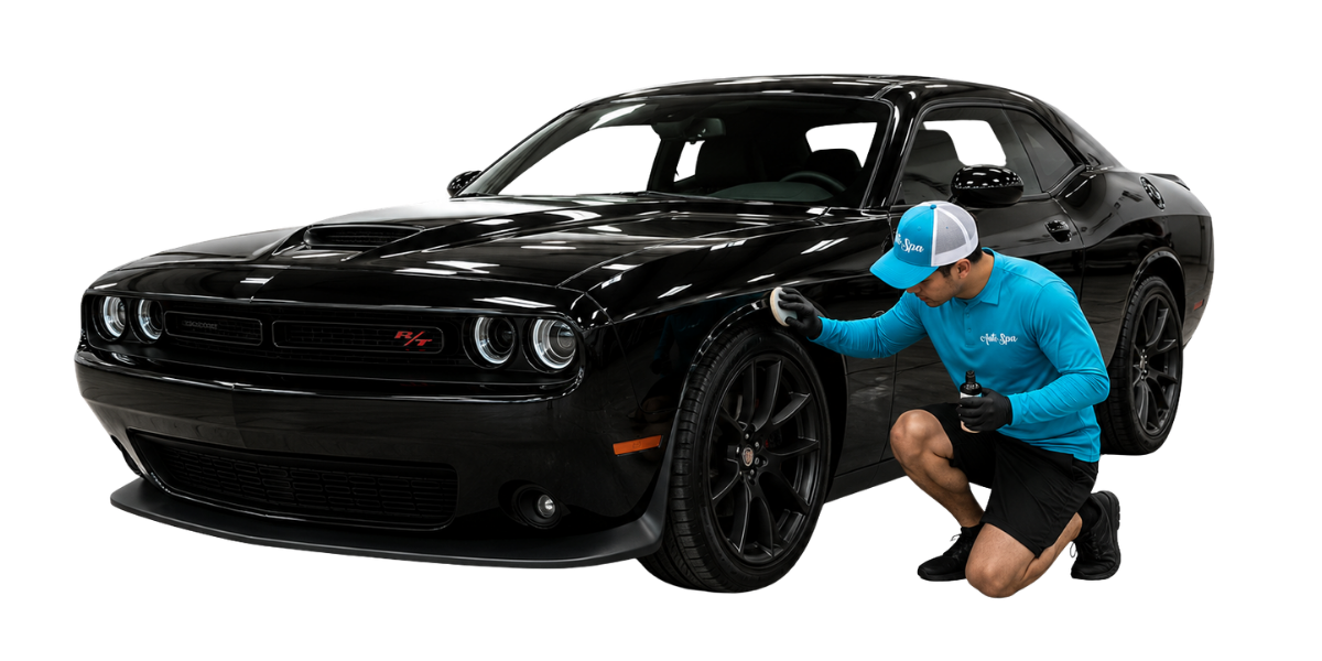 Auto Spa technician detailing a black Dodge Challenger